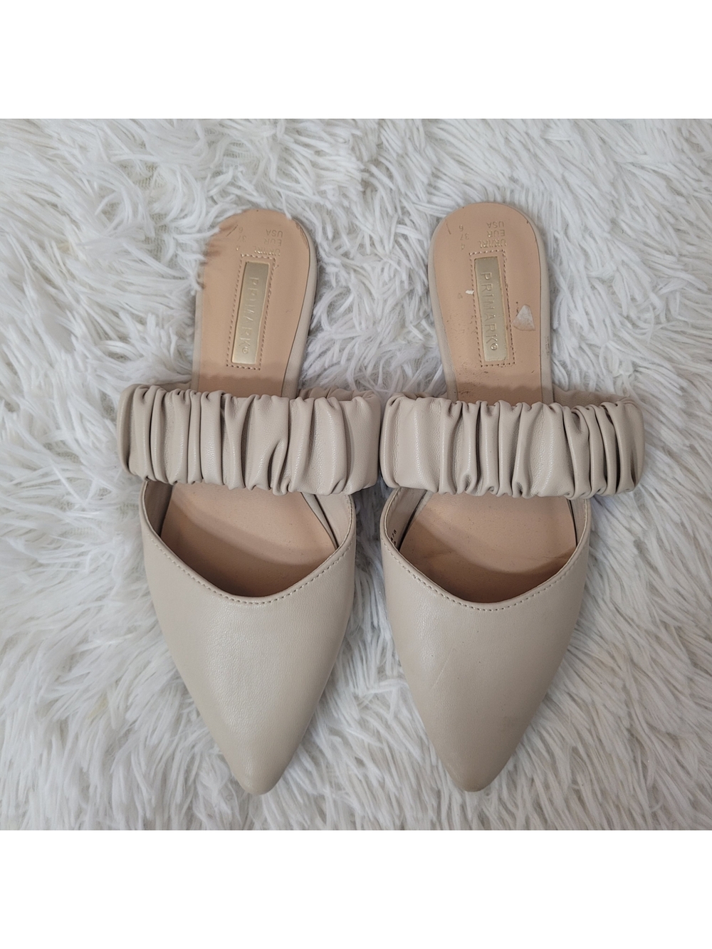 Primark Cream Ruched Strap Pointed Toe Flat Mules Size 6
